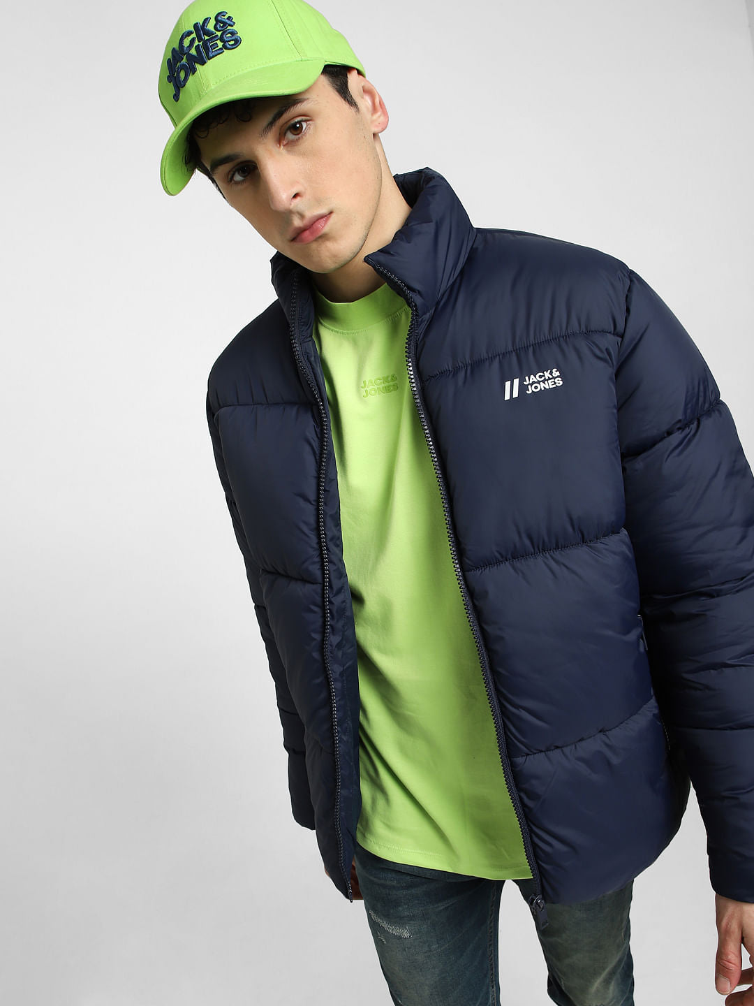 Dark Blue High Neck Puffer Jacket - S