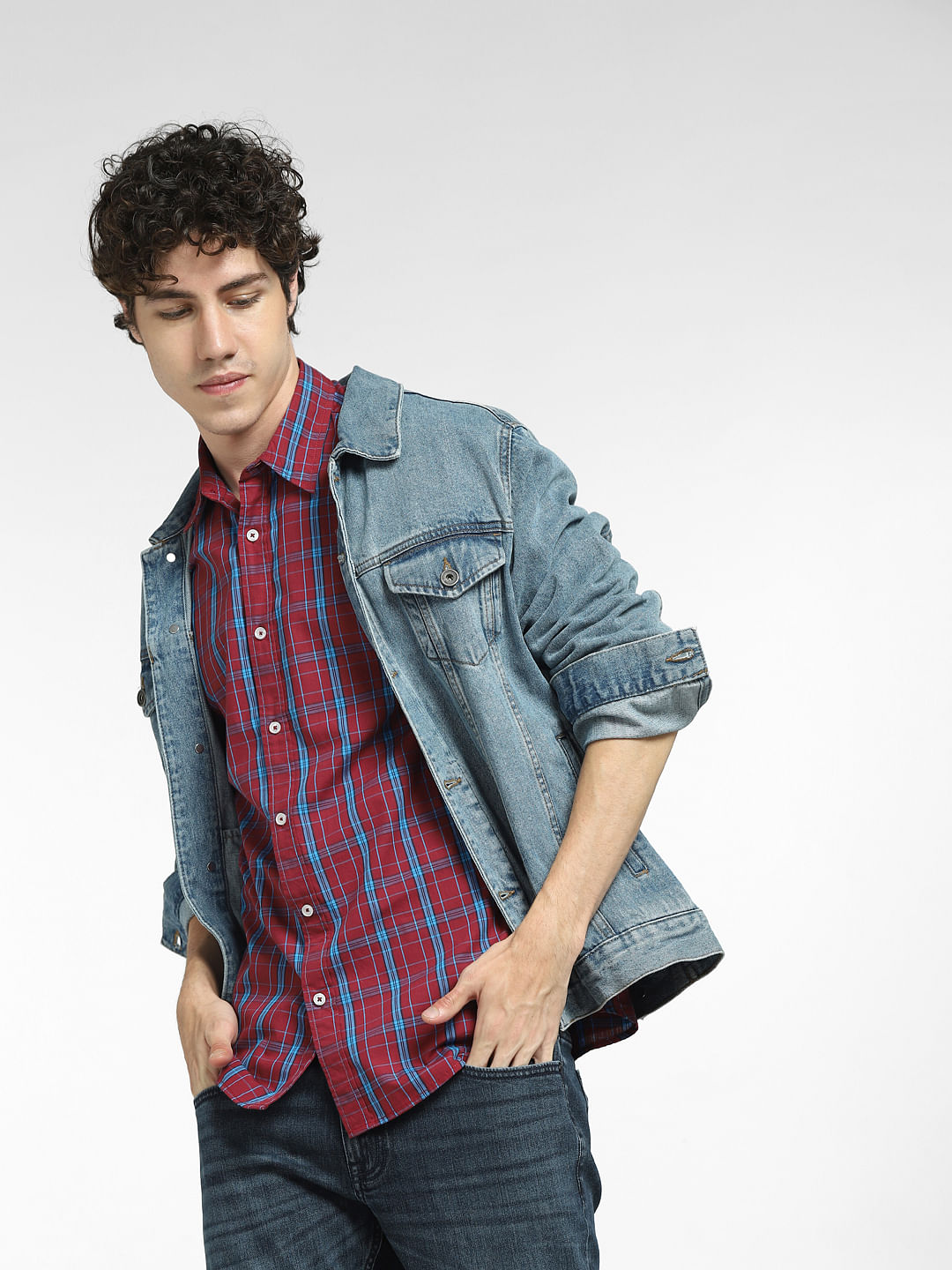 Dark Red Check Full Sleeves Shirt - S