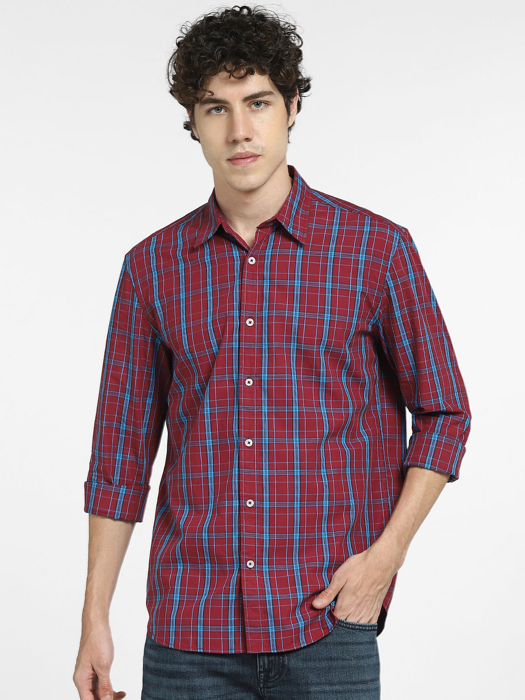 Dark Red Check Full Sleeves Shirt