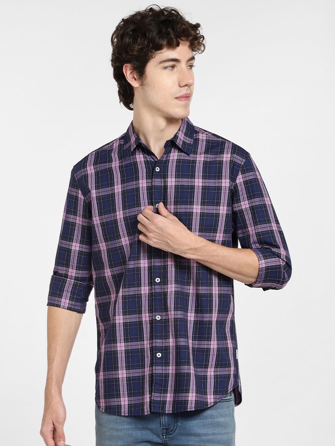 Navy Blue Check Full Sleeves Shirt