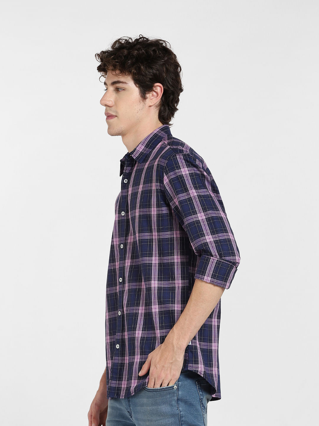 Navy Blue Check Full Sleeves Shirt