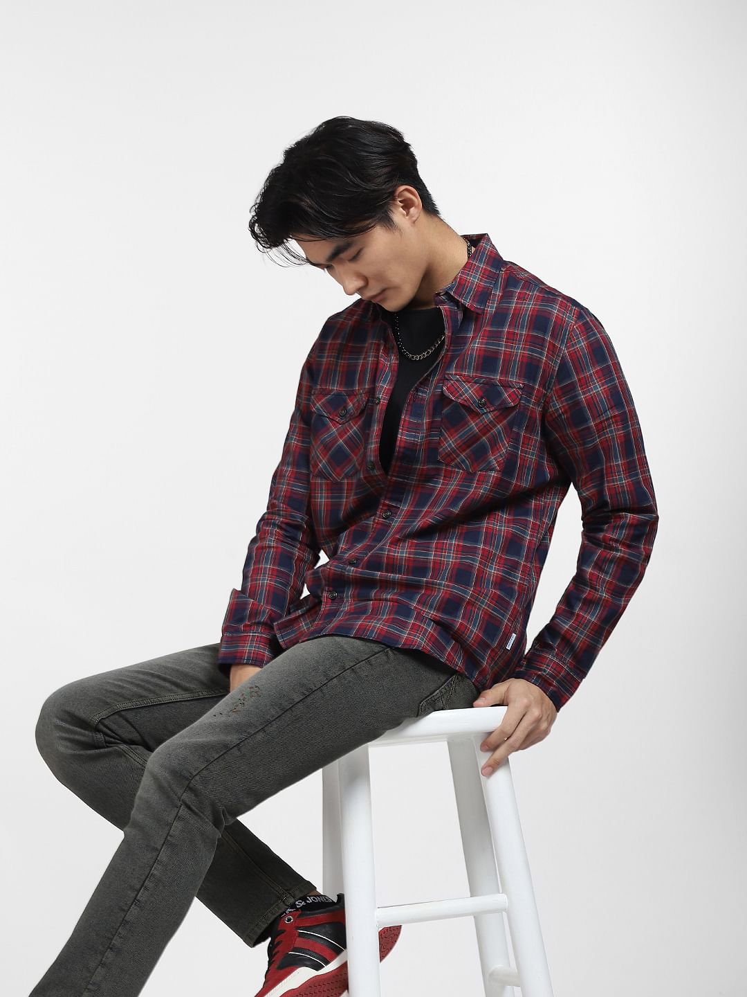 Red Check Print Full Sleeves Shirt - S