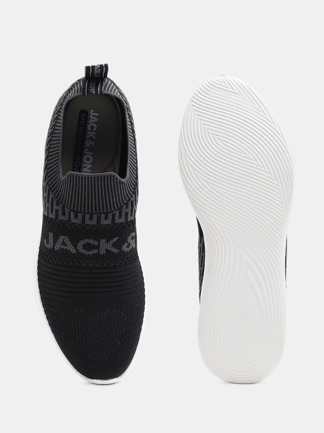 Black & Grey Knitted Slip On Sneakers