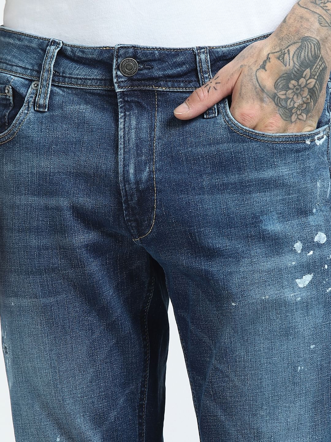 Blue Mid Rise Clark Ripped Straight Jeans