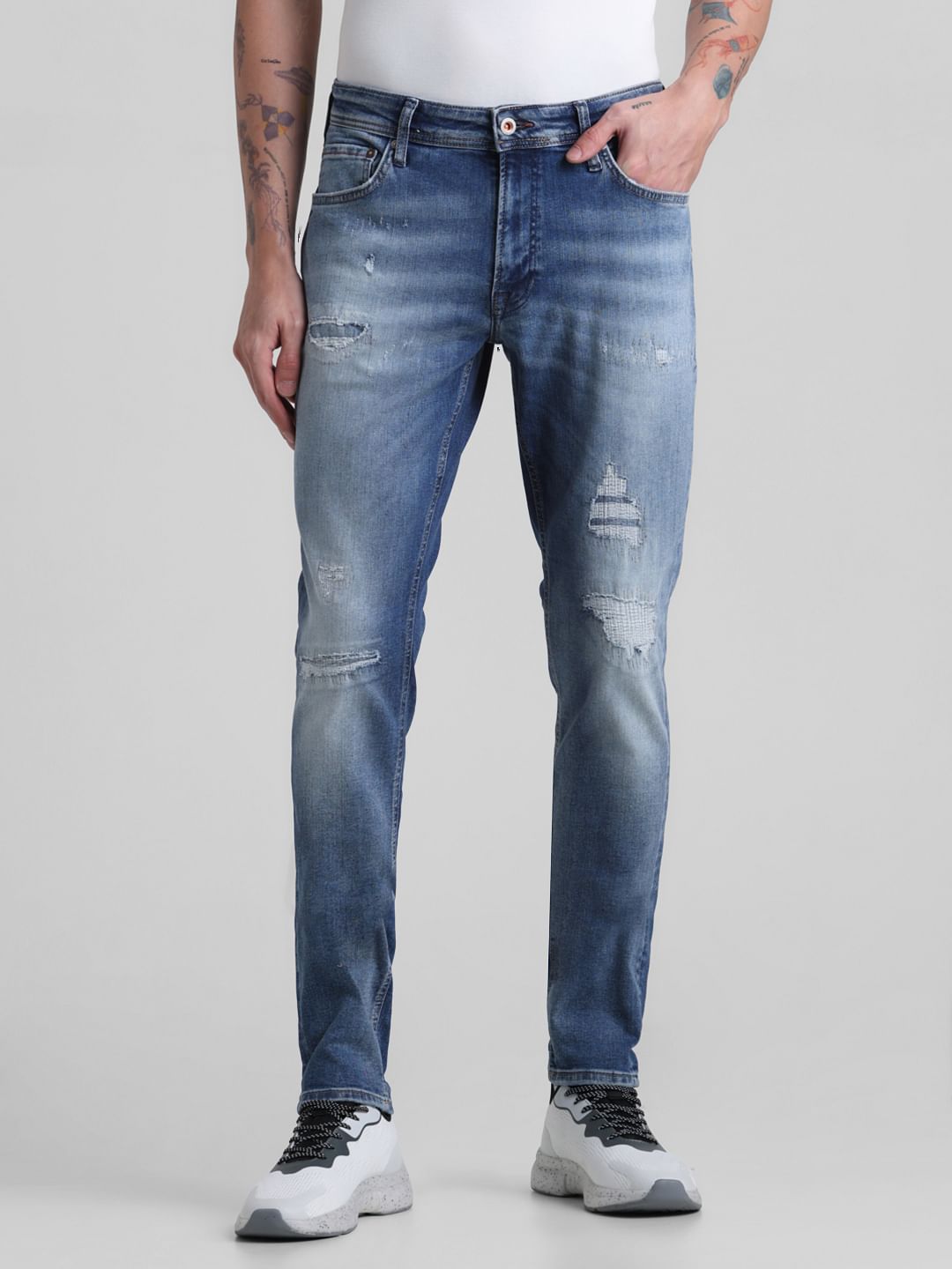 Dark Blue Distressed Liam Skinny Fit Jeans - 28/30