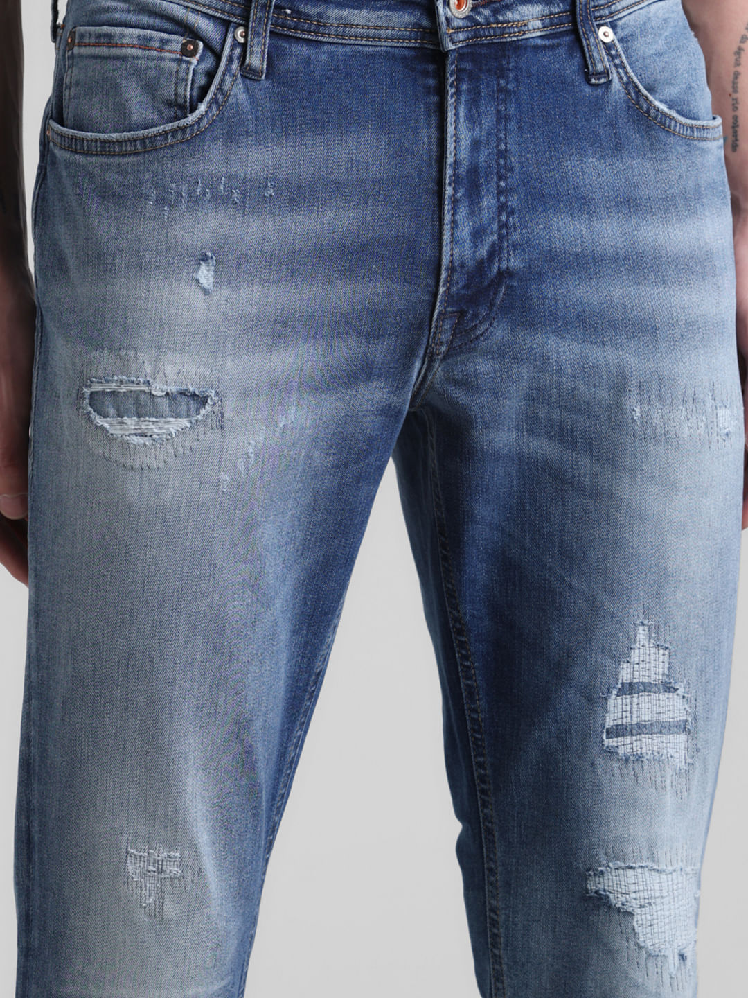 Dark Blue Distressed Liam Skinny Fit Jeans