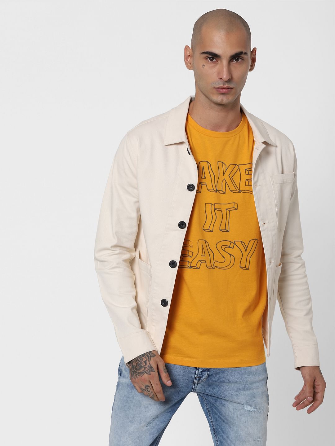Yellow Slogan Print Crew Neck T-shirt - S