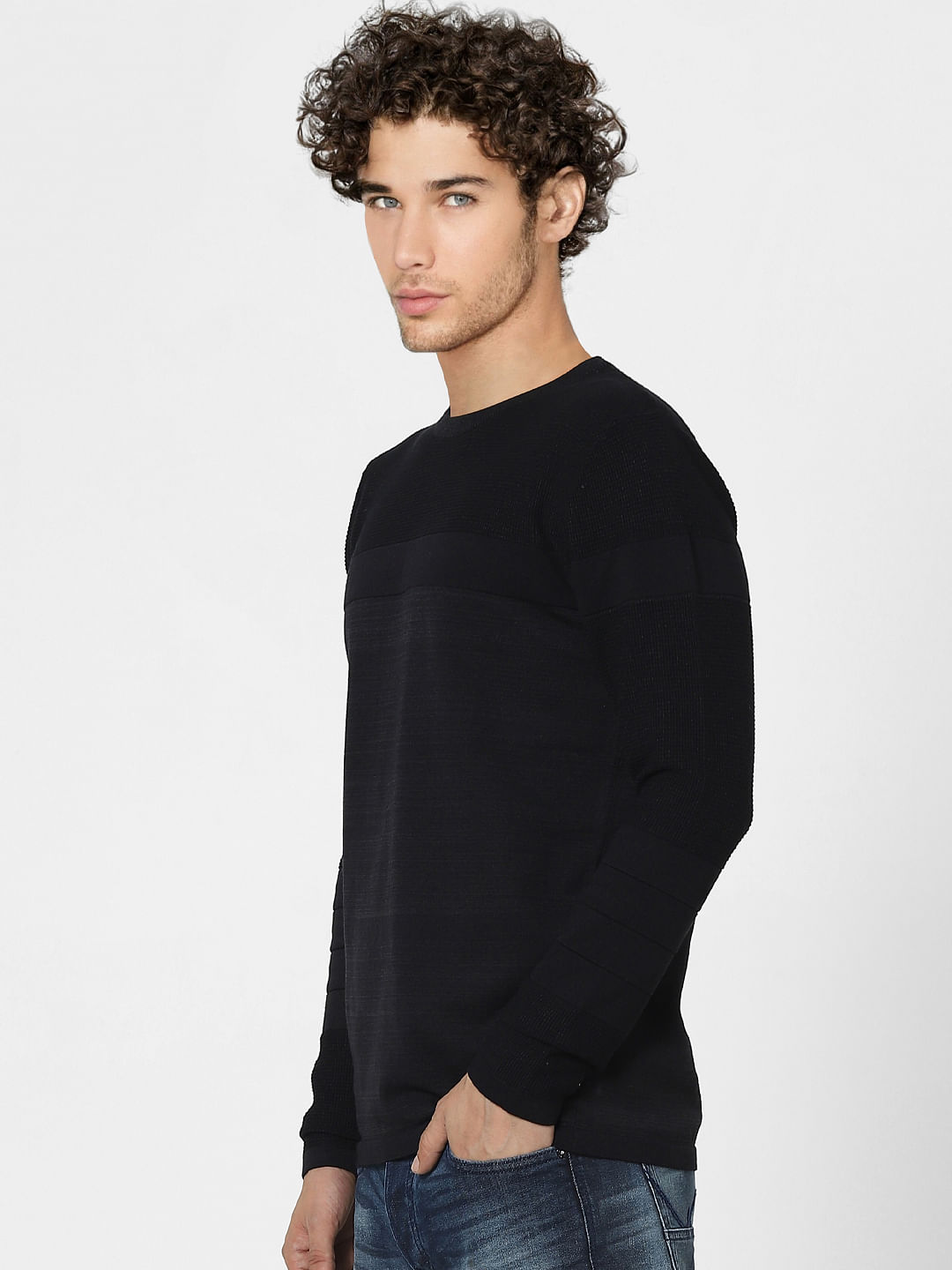 Black Textured Knit Pullover