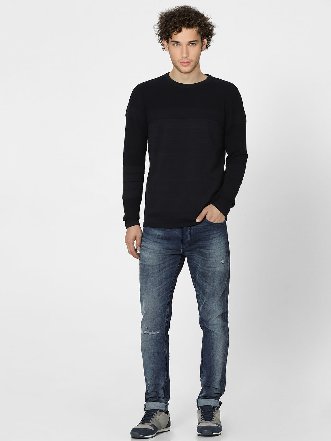 Black Textured Knit Pullover