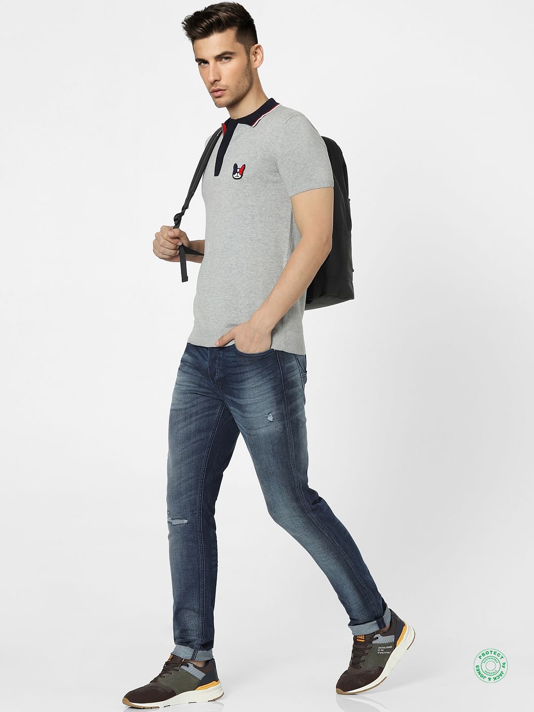 Grey Knit Polo Neck T-shirt - S