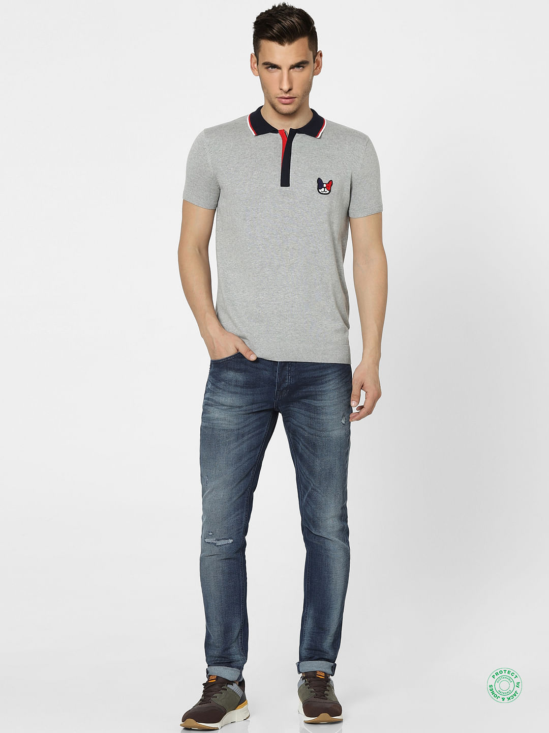 Grey Knit Polo Neck T-shirt
