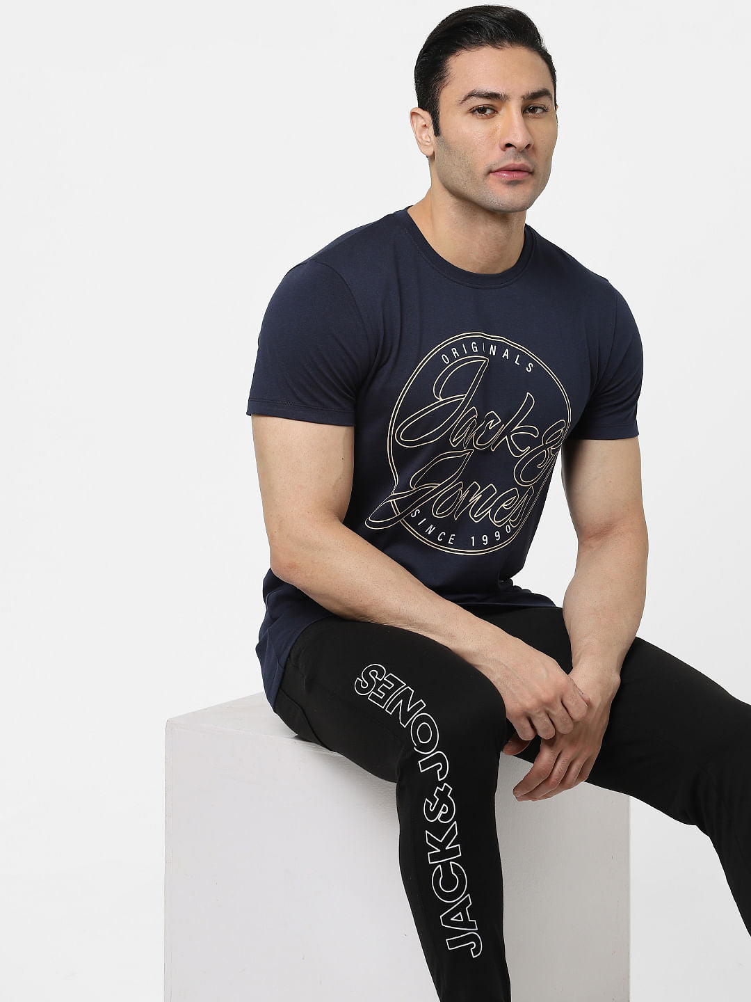 Navy Blue Logo Print Crew Neck T-shirt - S