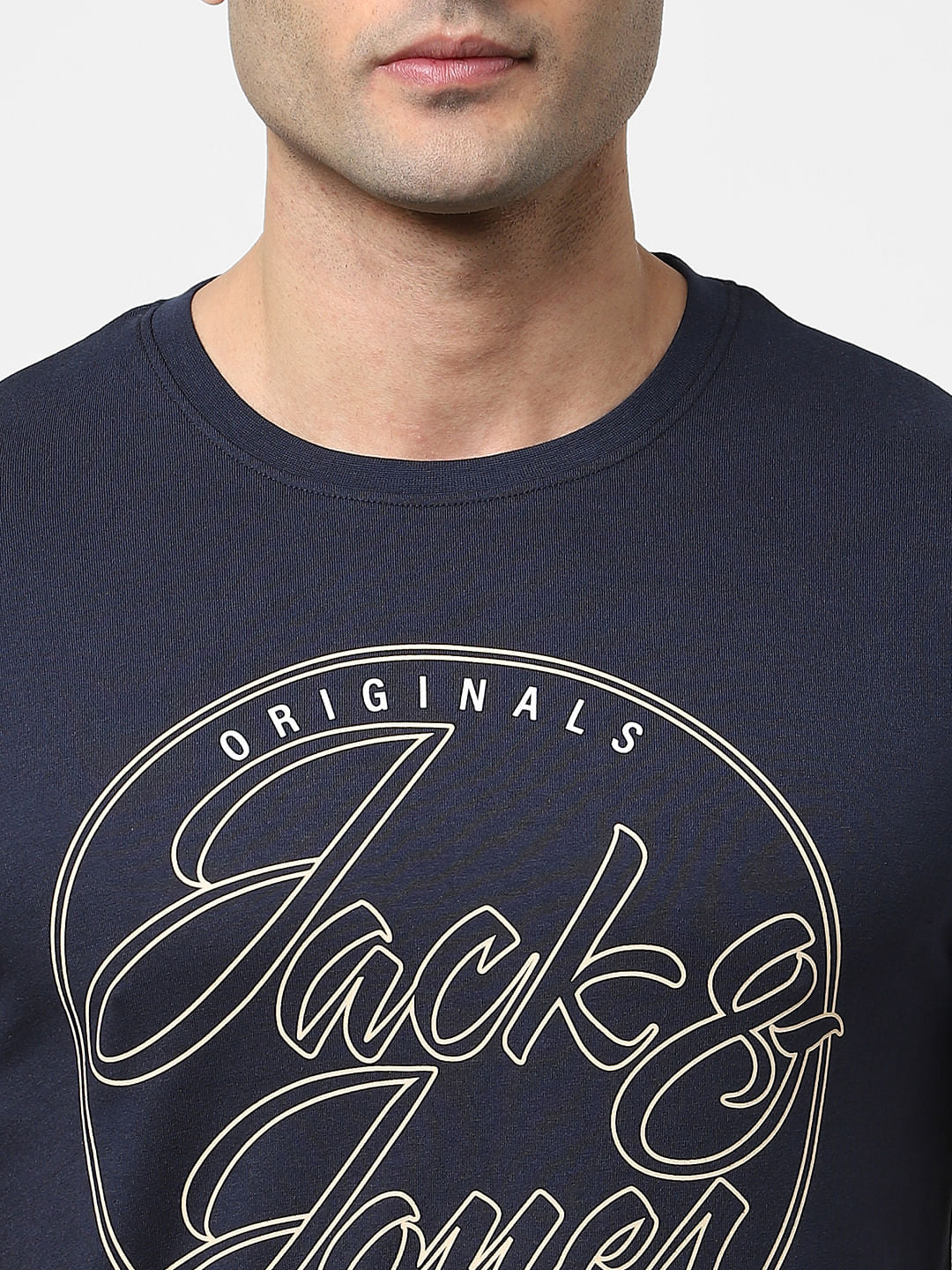 Navy Blue Logo Print Crew Neck T-shirt