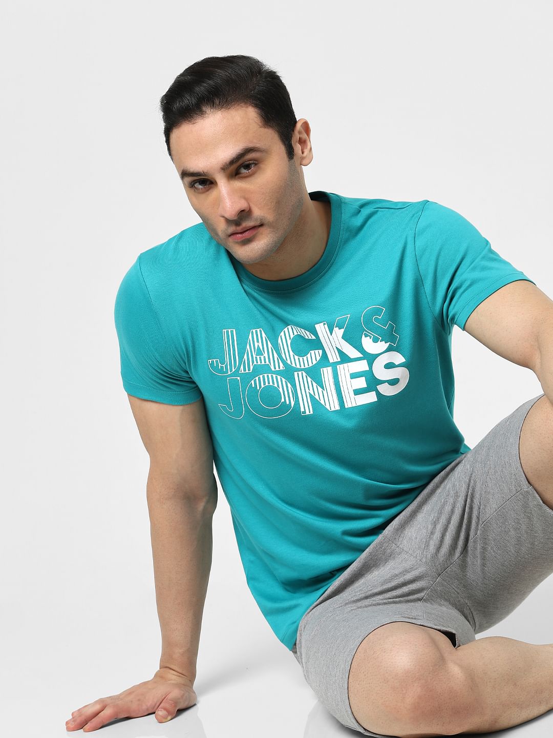 Teal Blue Logo Print Crew Neck T-shirt - S