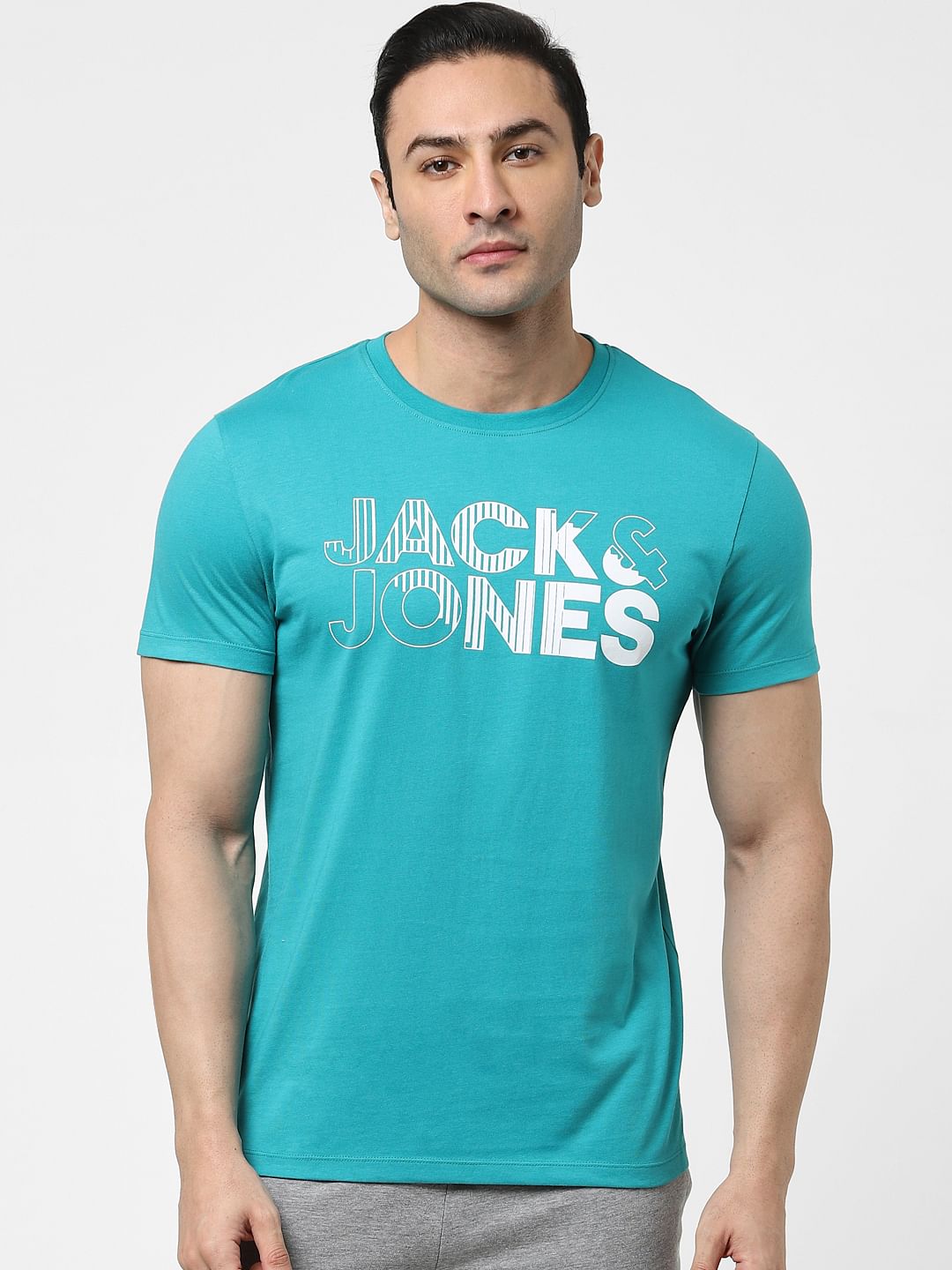 Teal Blue Logo Print Crew Neck T-shirt