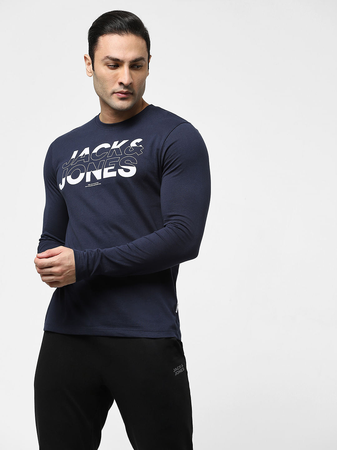 Navy Blue Full Sleeves Crew Neck T-shirt - S
