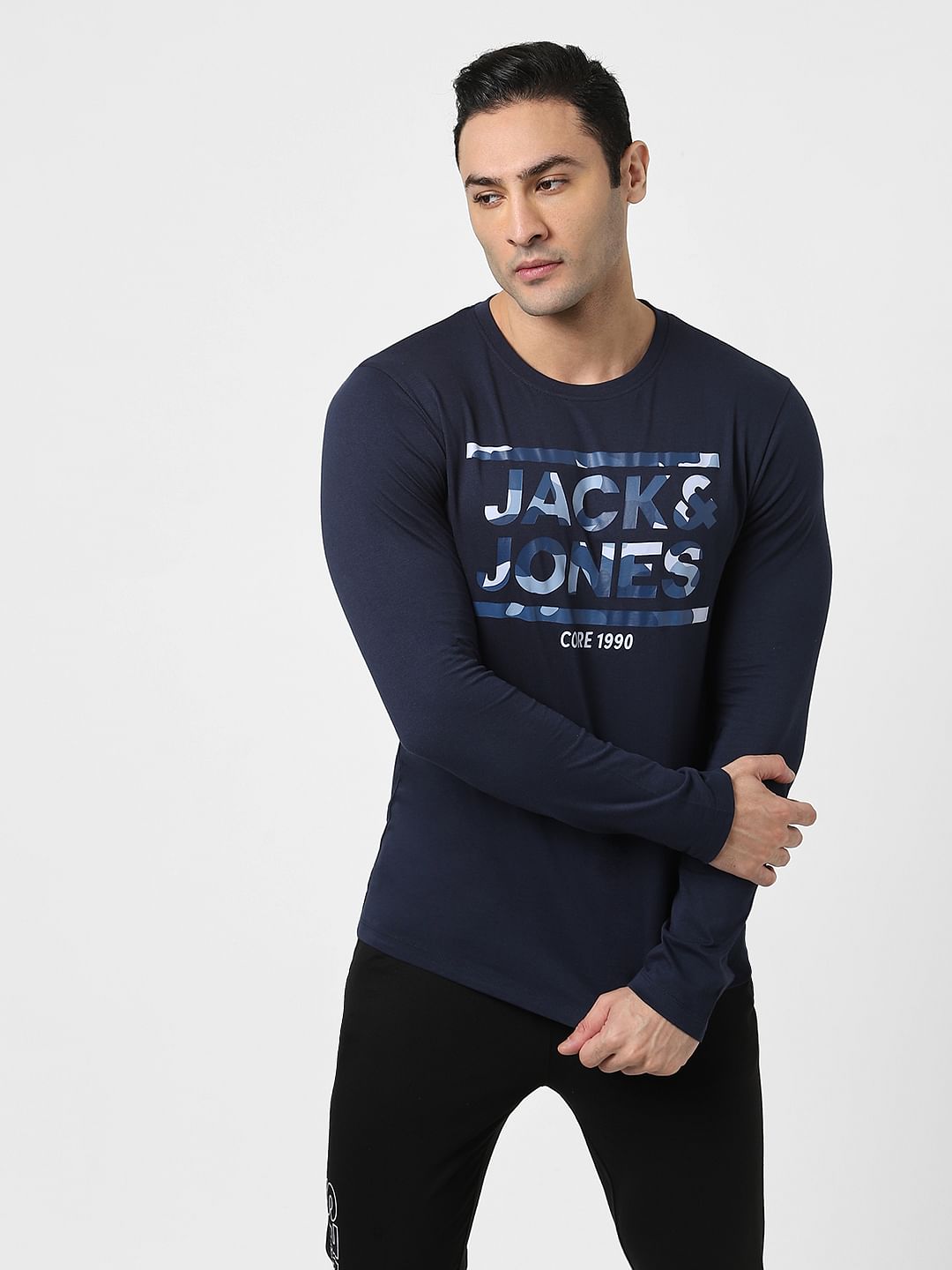 Navy Blue Logo Print Full Sleeves T-shirt - S