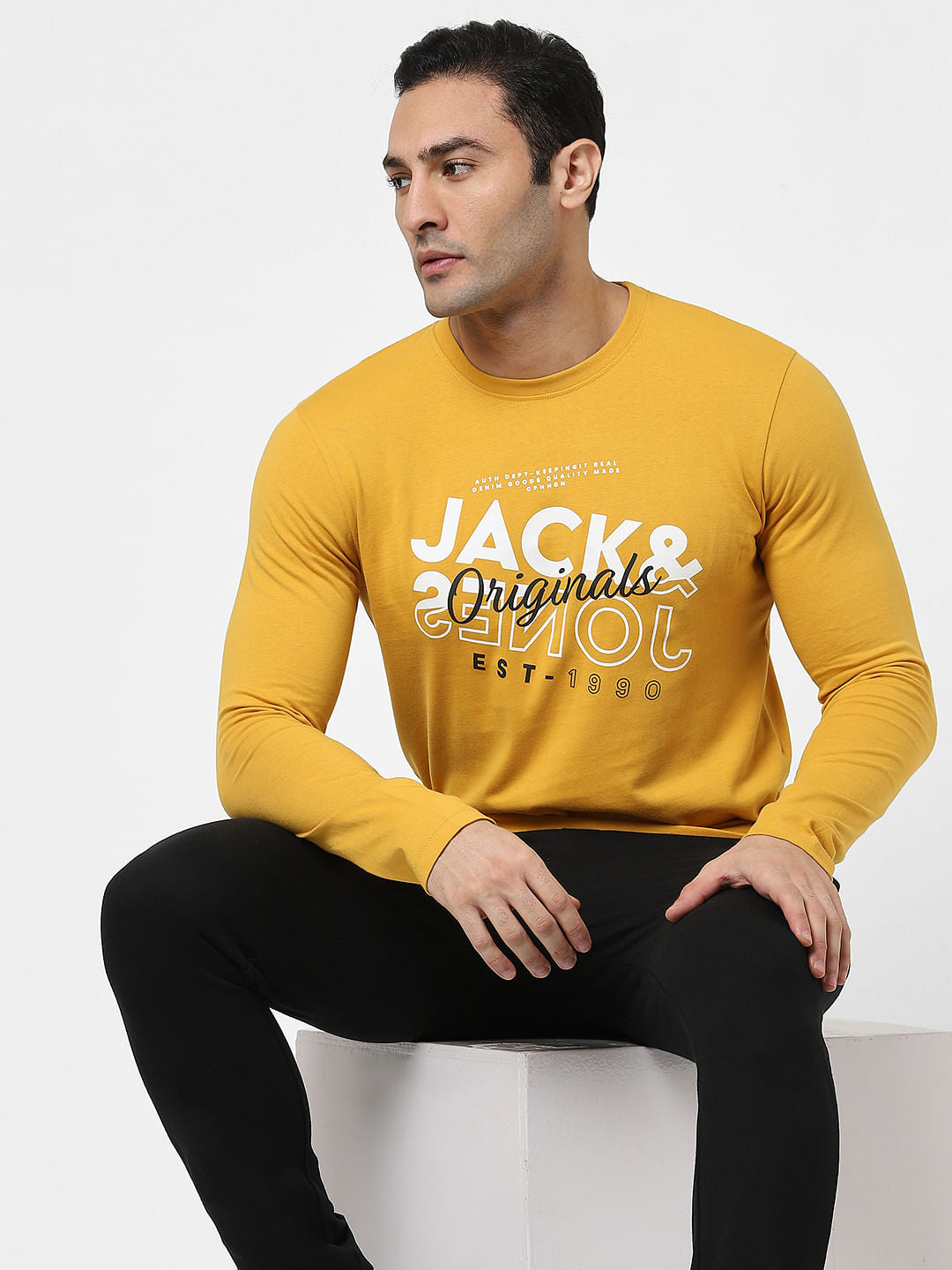 Yellow Typographic Logo Full Sleeves T-shirt - S
