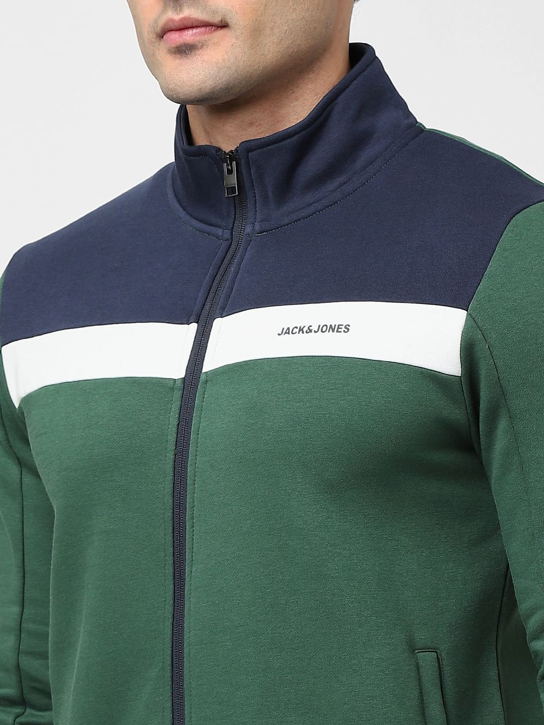Green Colourblocked Zip-Up Sweatshirt