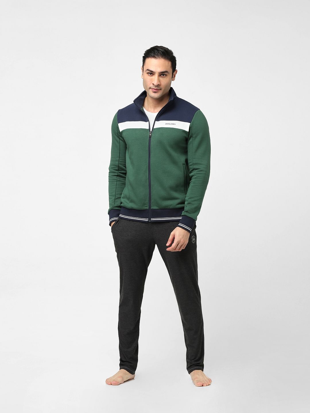 Green Colourblocked Zip-Up Sweatshirt