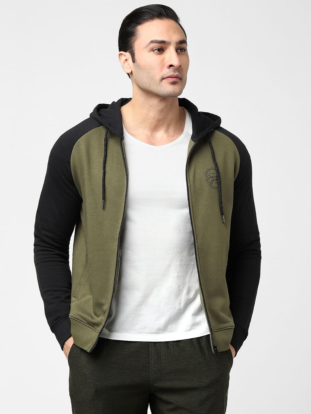 Green Colourblocked Zip-Up Sweatshirt