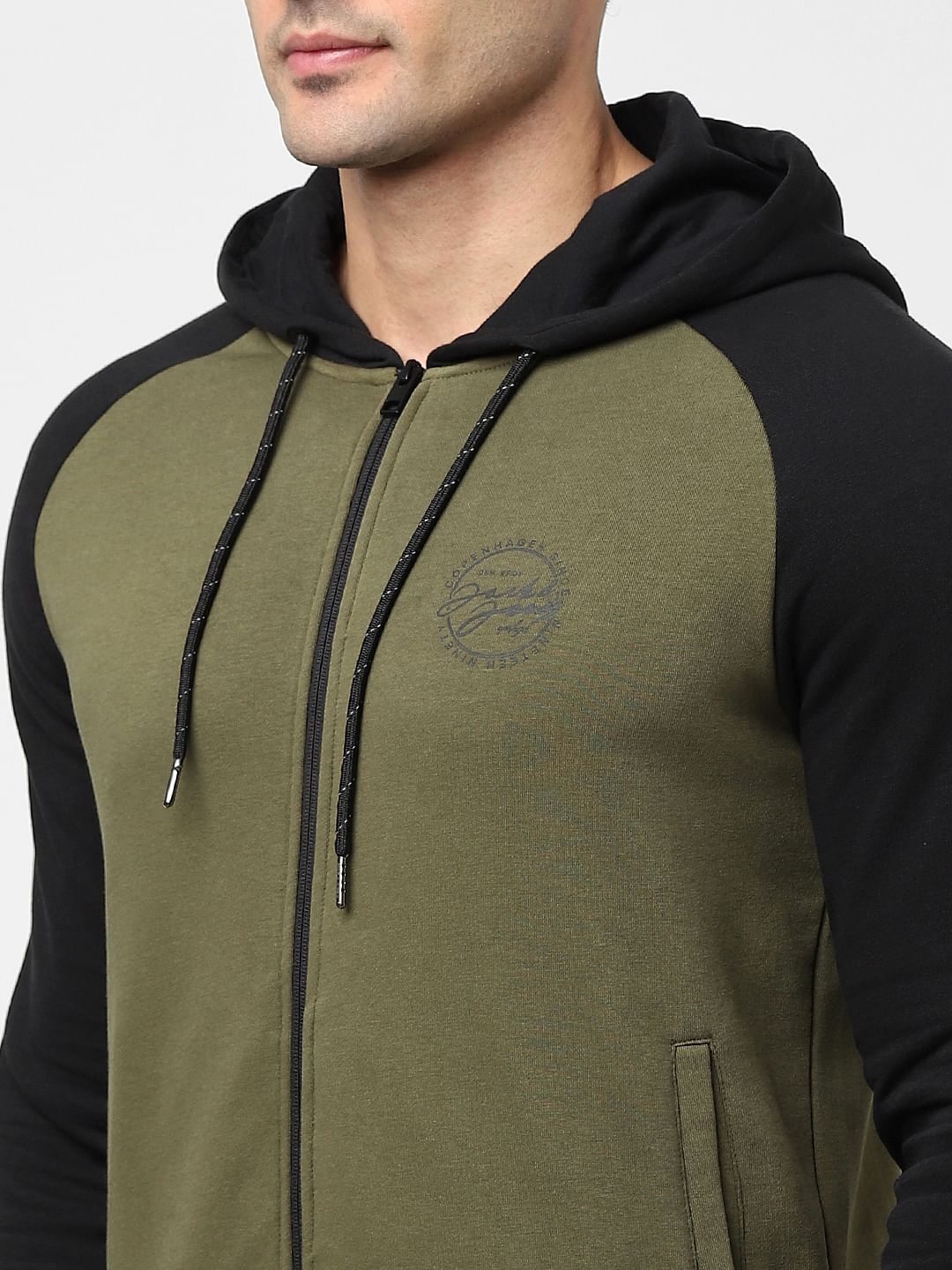 Green Colourblocked Zip-Up Sweatshirt