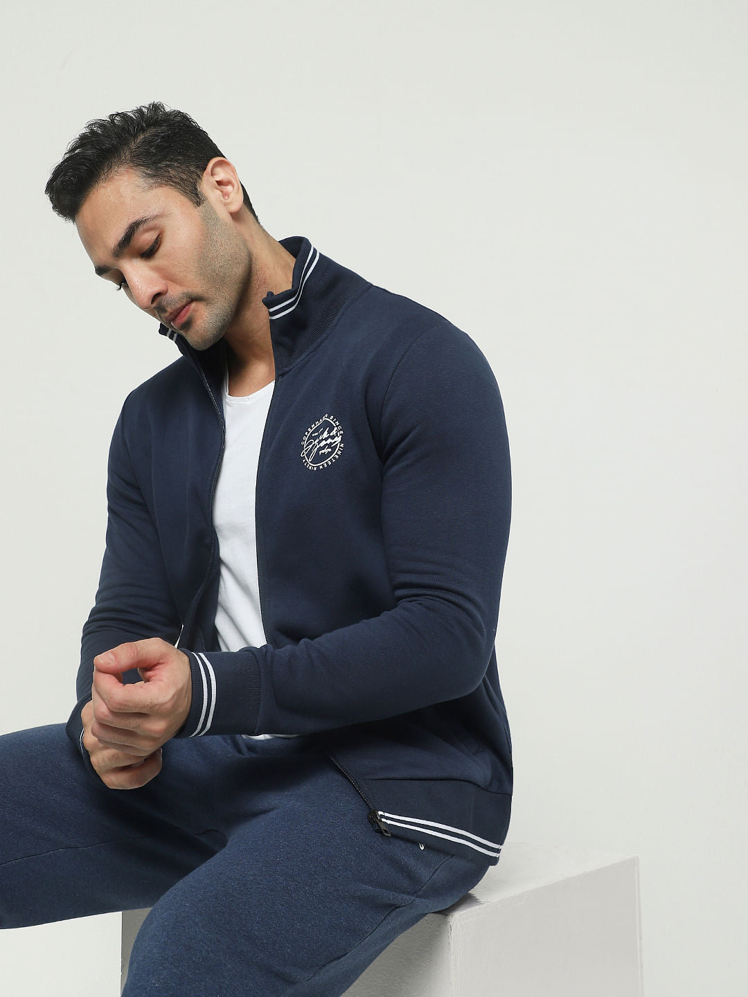 Blue Zip-Up Logo Print Sweatshirt - S