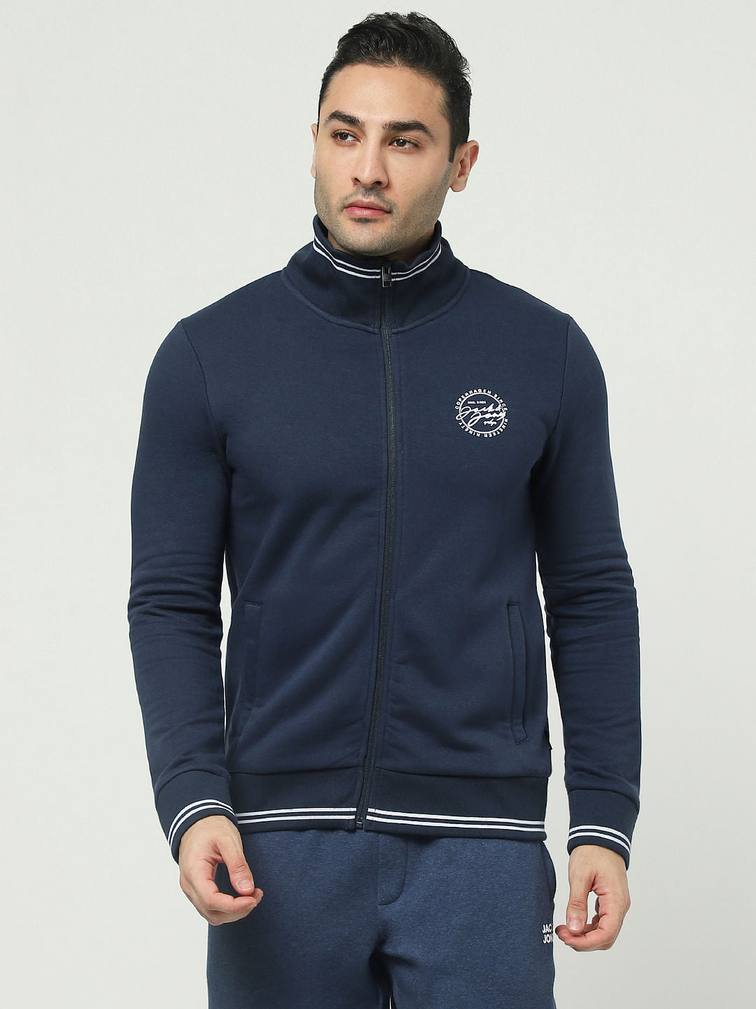 Blue Zip-Up Logo Print Sweatshirt