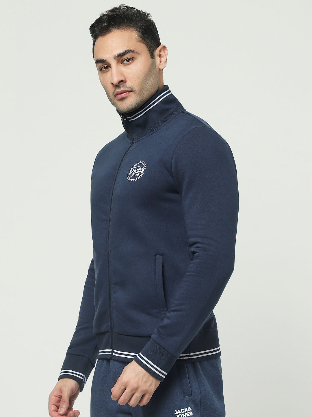 Blue Zip-Up Logo Print Sweatshirt