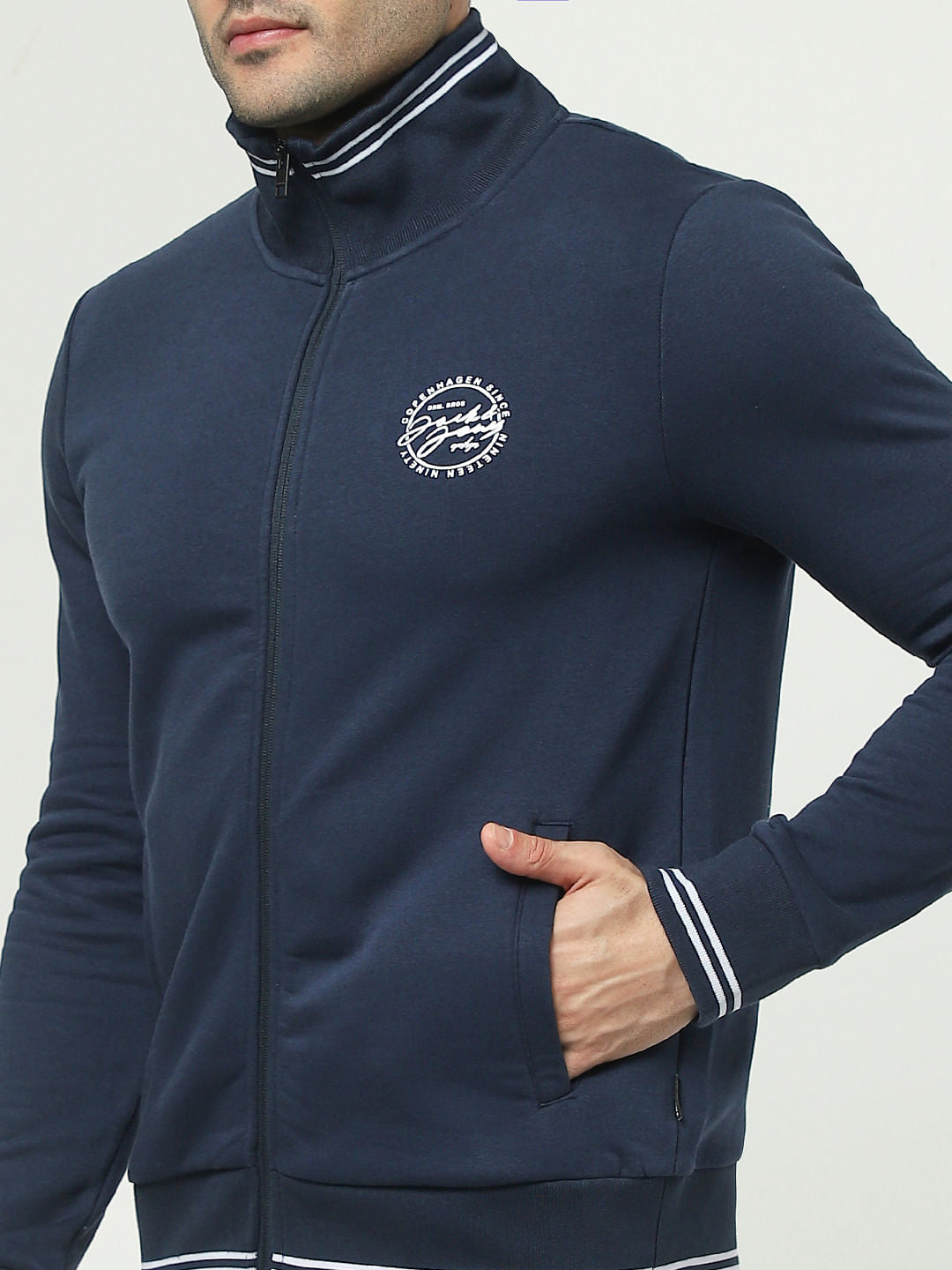 Blue Zip-Up Logo Print Sweatshirt