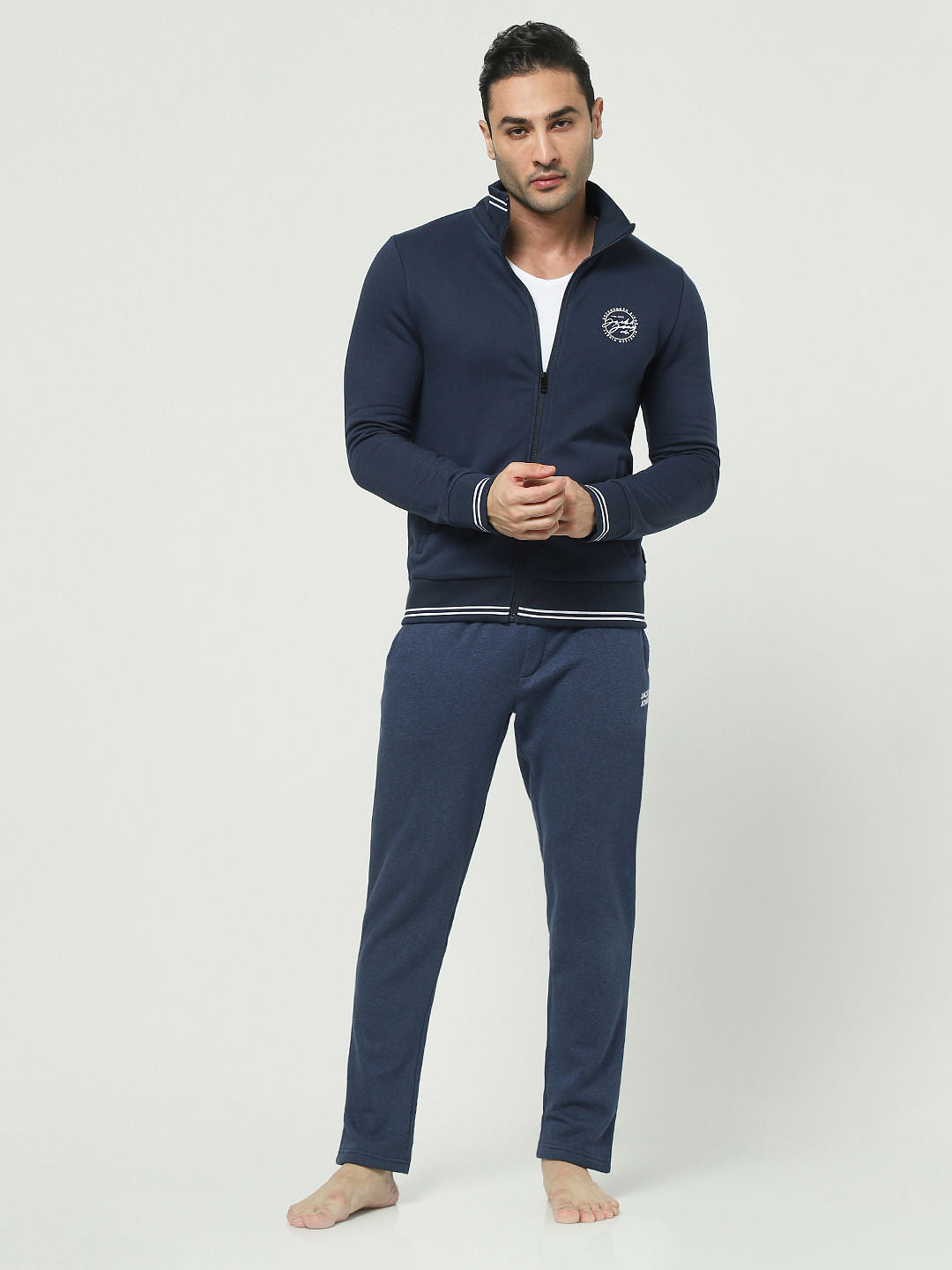 Blue Zip-Up Logo Print Sweatshirt