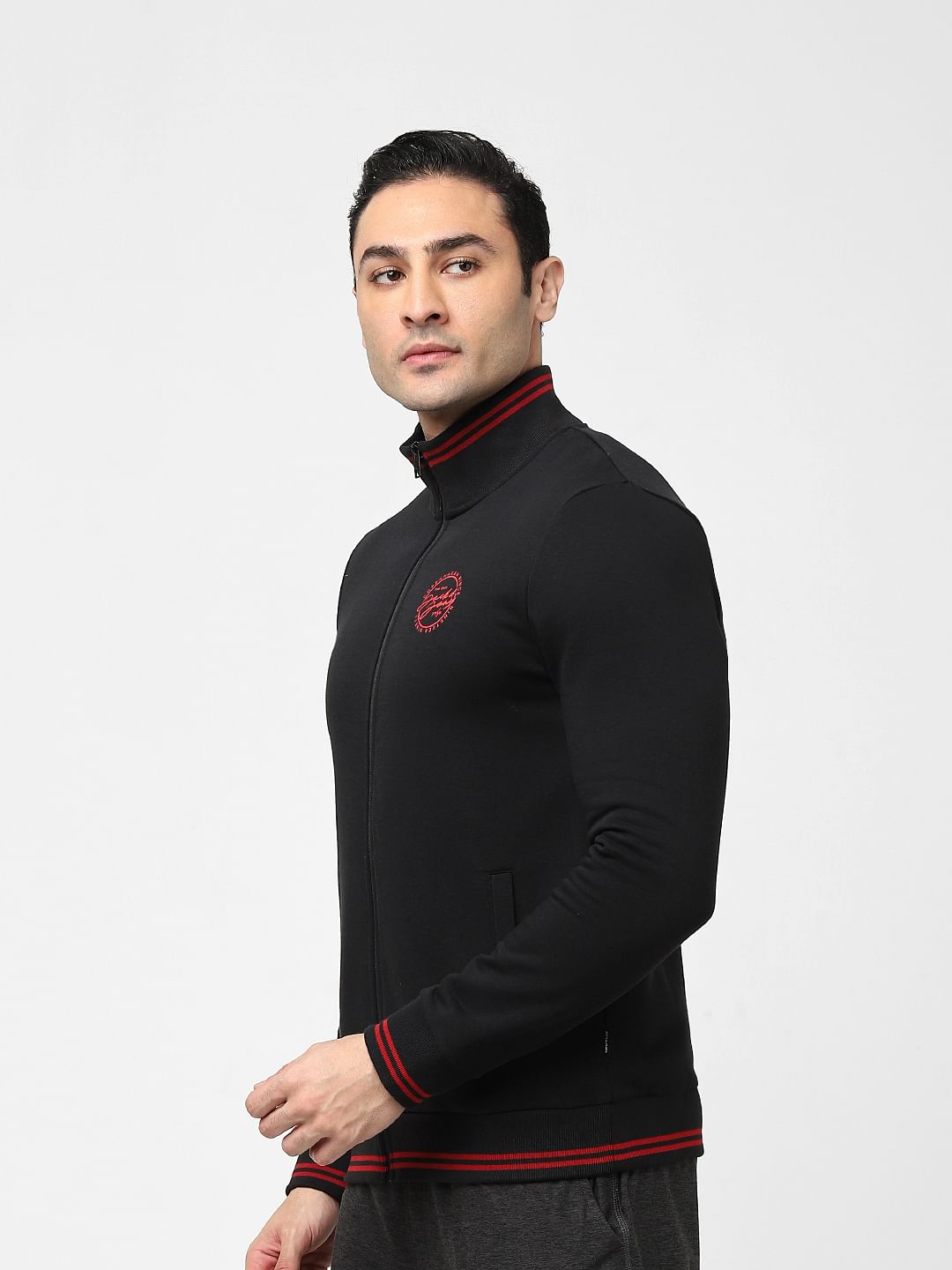 Black Zip-Up Logo Print Sweatshirt
