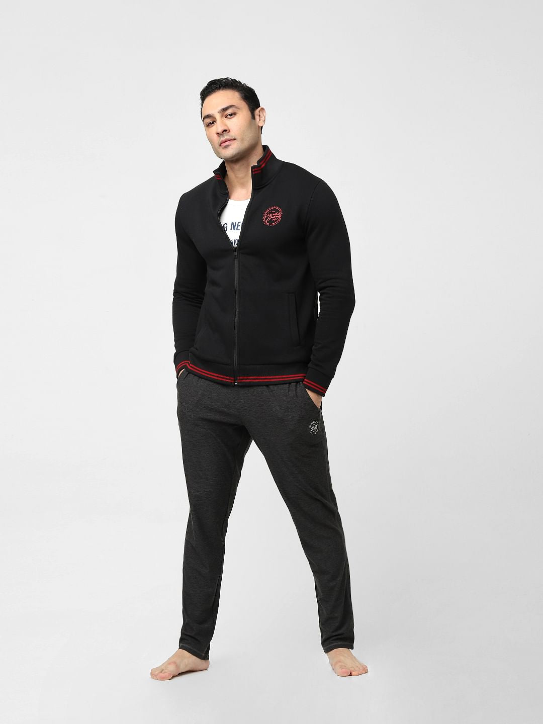 Black Zip-Up Logo Print Sweatshirt