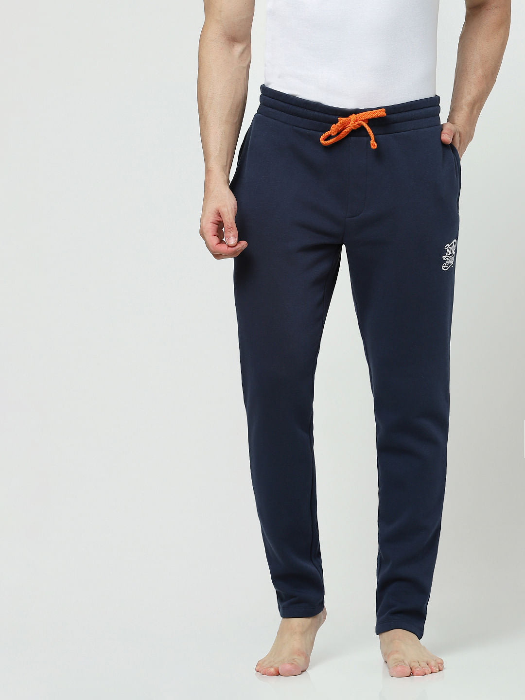 Blue Mid Rise Logo Print Trackpants