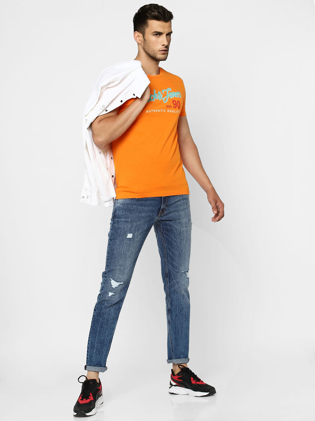 Orange Logo Print Crew Neck T-shirt - S