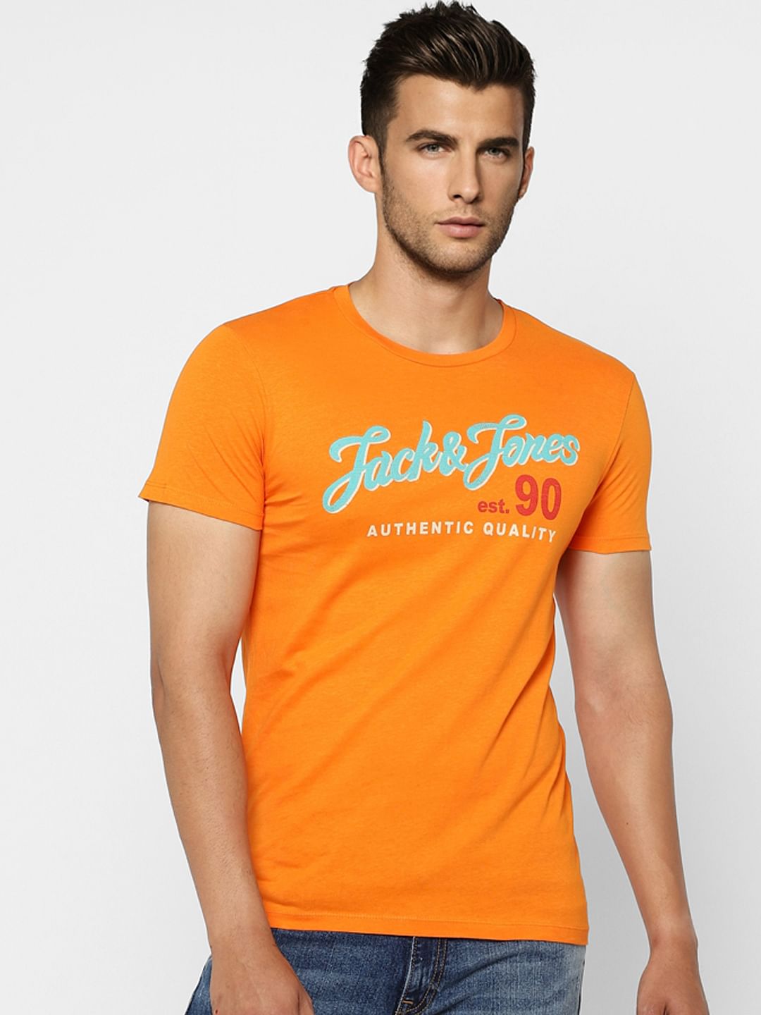 Orange Logo Print Crew Neck T-shirt