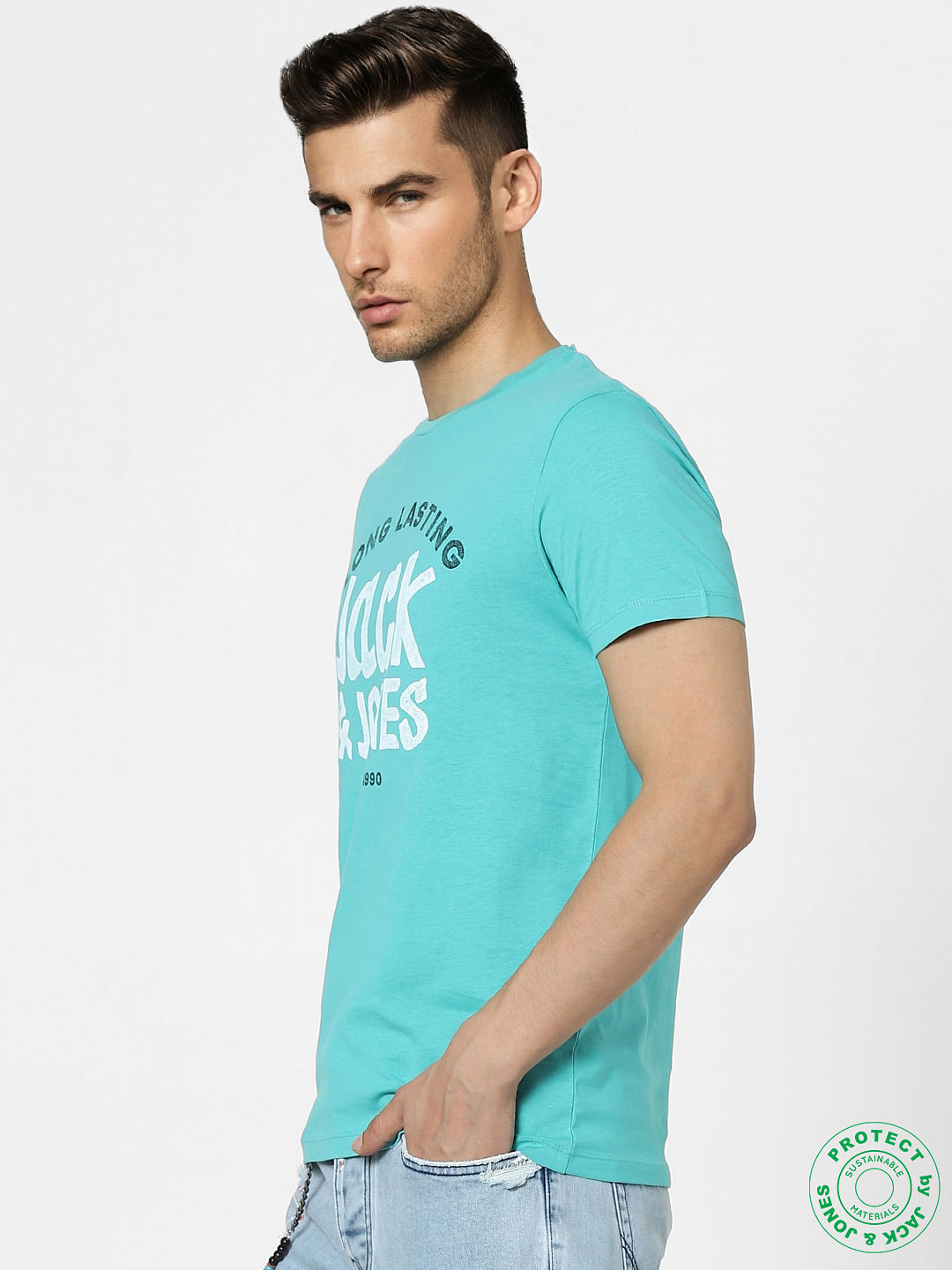 Aqua Blue Graphic Print Crew Neck T-shirt