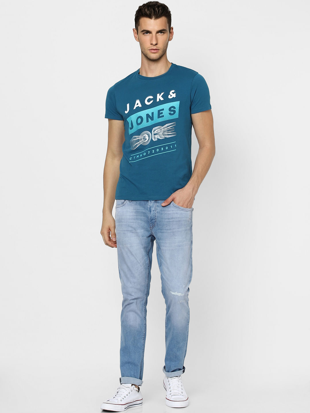 Blue Colourblocked Crew Neck T-shirt - S
