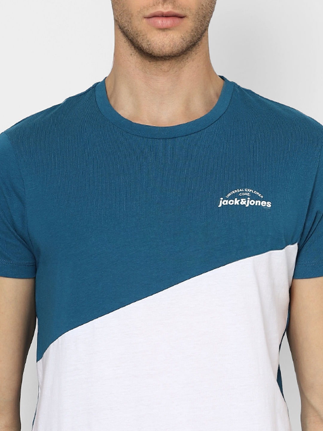 Blue Colourblocked Crew Neck T-shirt