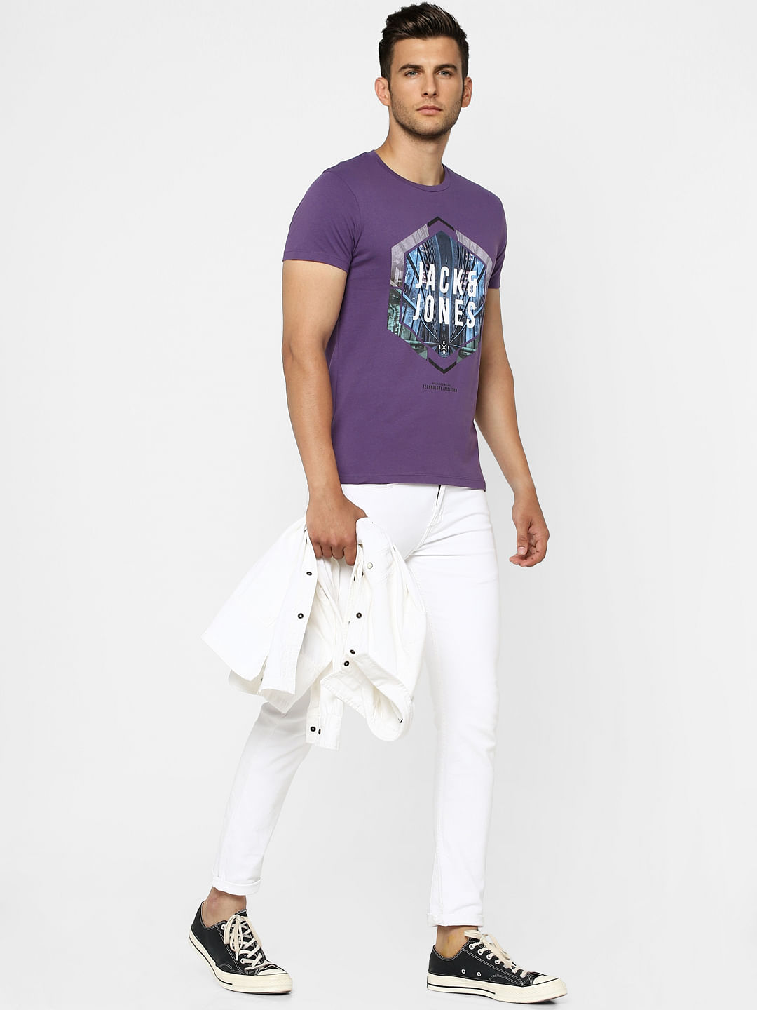 Purple Graphic Print Crew Neck T-shirt - S