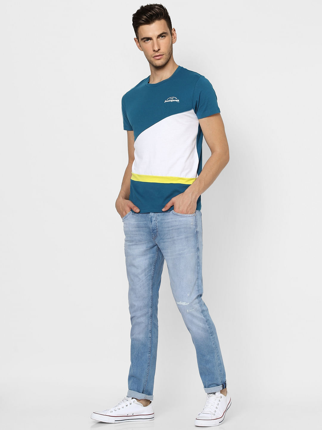 Blue Colourblocked Crew Neck T-shirt - S