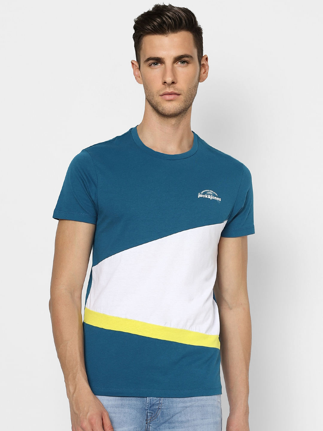 Blue Colourblocked Crew Neck T-shirt