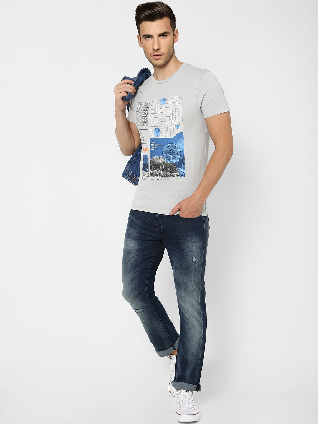 Grey Graphic Print Crew Neck T-shirt - S