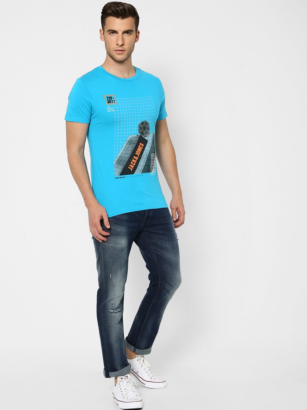 Blue Graphic Print Crew Neck T-shirt - S