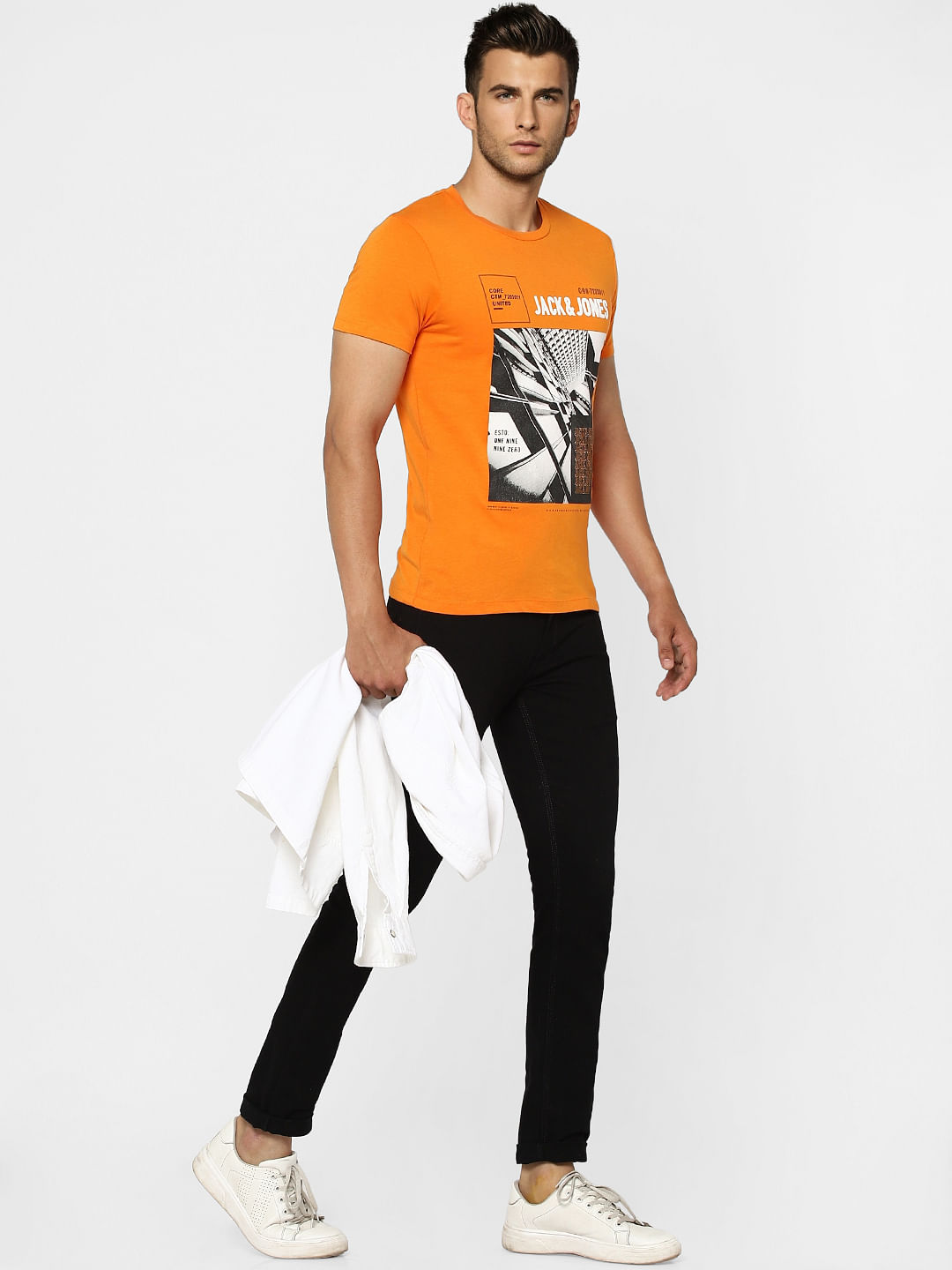 Orange Graphic Print Crew Neck T-shirt - S