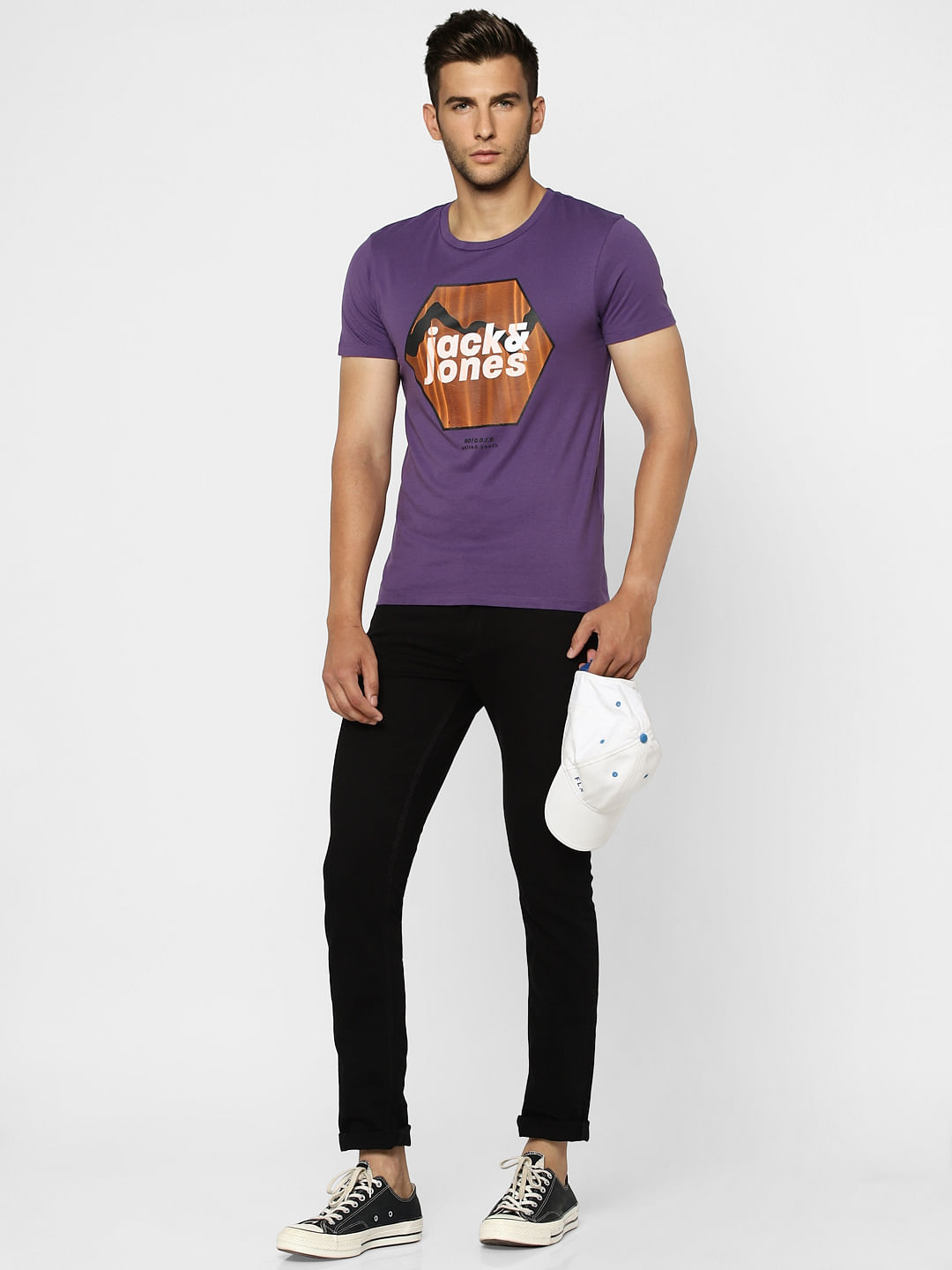 Purple Graphic Print Crew Neck T-shirt - S