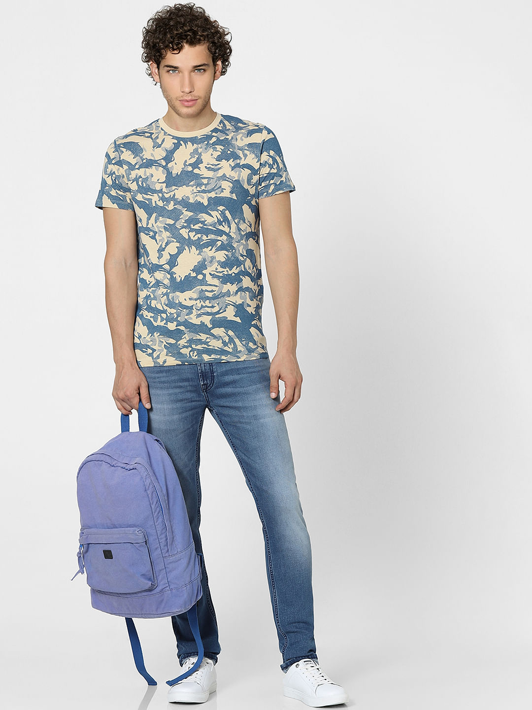 Beige Printed Crew Neck T-shirt