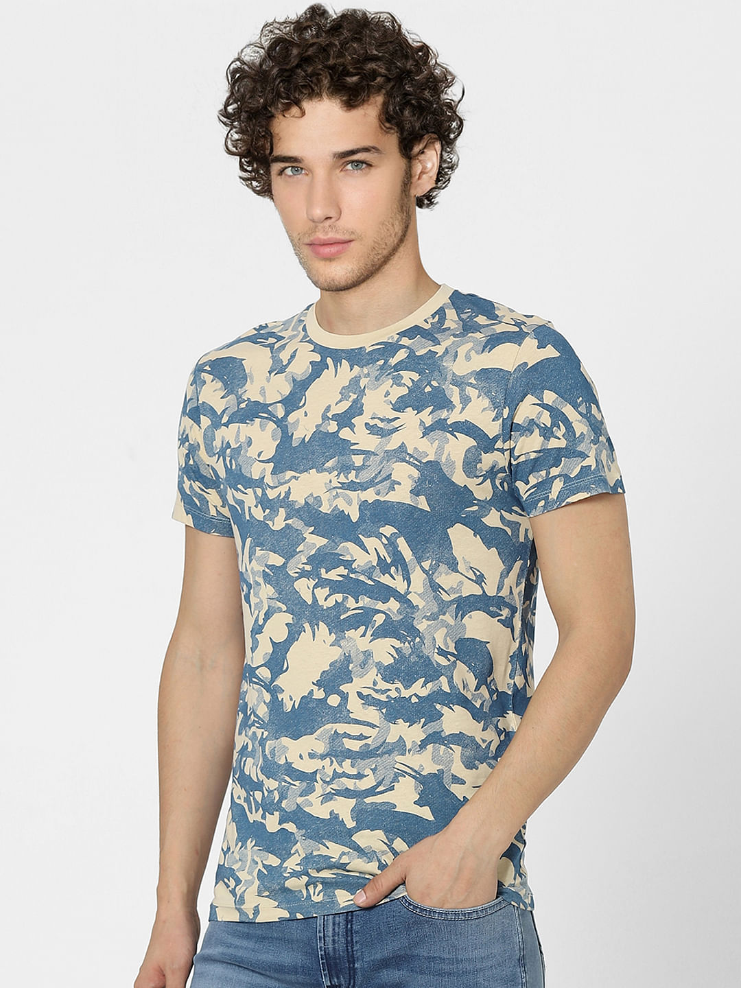 Beige Printed Crew Neck T-shirt