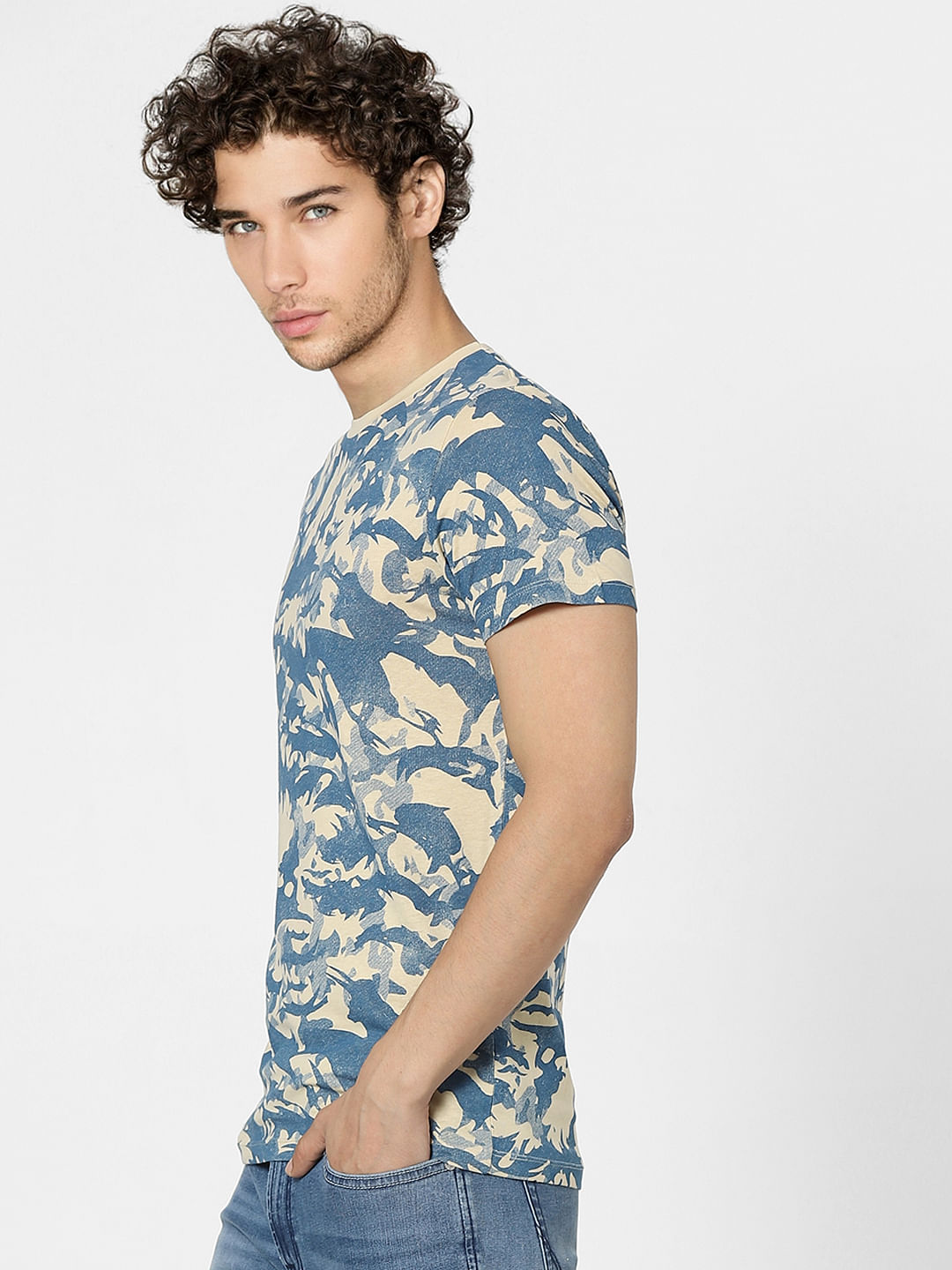 Beige Printed Crew Neck T-shirt