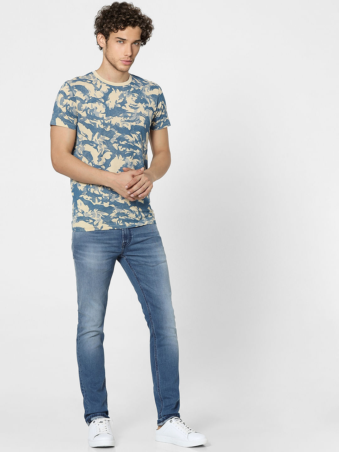 Beige Printed Crew Neck T-shirt